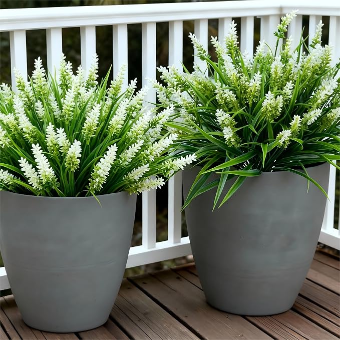 Geegoods 24 Bundles White Artificial Plants Flowers Outdoor, UV Resistant | Faux Plants with Monkey Grass, Realistic Plastic Flowers for Garden Porch Window Box Patio Hanging Planter Decor