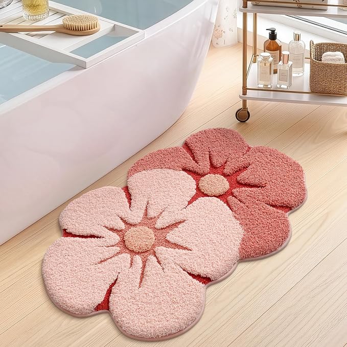 LUMI Flower Bathroom Rug, Absorbent Non Slip Bath Mat, 20"x32", Pink Flower | Funny Soft Plush Microfiber Rug, Quick Dry, Washable Cute Pink Bath Mats for Shower Floor, Sink Bathtub, Bedroom, Kids Room