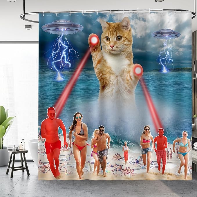 Aimego Long Funny Shower Curtain - Cute Cool Ocean Cat with Weird Adults Beach UFO Fun Fabric Cloth Bath Shower Curtain Set with 12 Hooks for Bathroom Decor Accessories Bathtub Curtain, 72"x78"