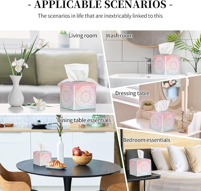 Pink Boho Mandala Flower Tissue Box Cover Square,Abstract Mandala Floral Tissue Box Holder Waterproof Leather Facial Paper Organizer Dispenser for Bathroom Home Car Nightstand Vanity Desk