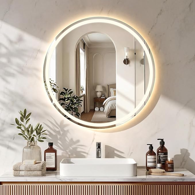 31 Inch Round LED Bathroom Mirror with Lights Anti-Fog | Dimmable, 3 Color, Tempered Glass, ShatterProof, Backlit + Front Lit Wall Mounted Circle Vanity Mirror for Bathroom, Closet
