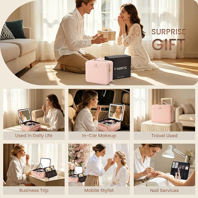 Faquenc Leather Makeup Bag with LED Lighted Mirror 9.64 Inch Travel Makeup Organizer Bag Adjustable Brightness in 3 Colors Cosmetic Case Artist Storage Bag with Dividers Brush Holder Bag Vanity Pink