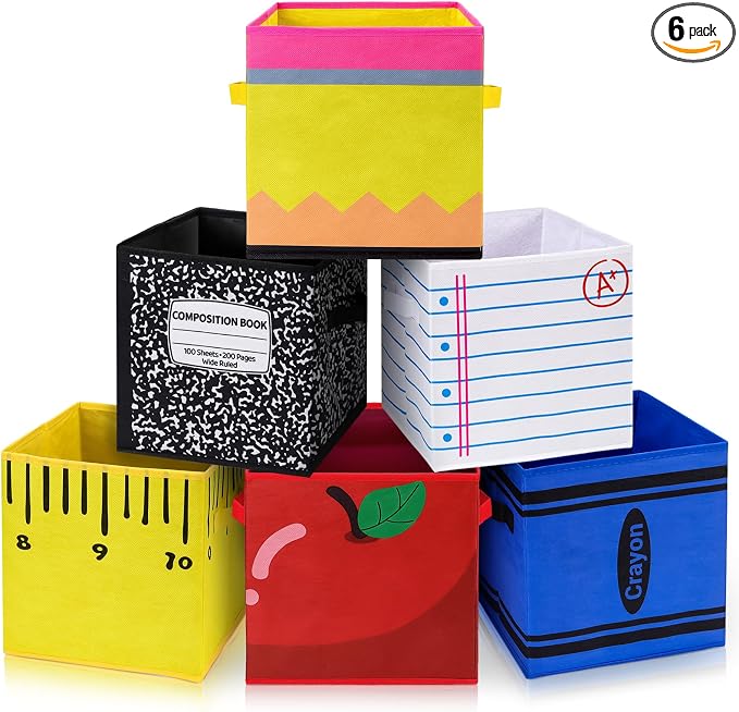 6 Pcs 11in Fabric Storage Bins, Collapsible Cubby Baskets with Handles | Collapsible & flat‑fold, Side handles for easy tote, Colorful school prints, Classrooms, homes, daycares all work