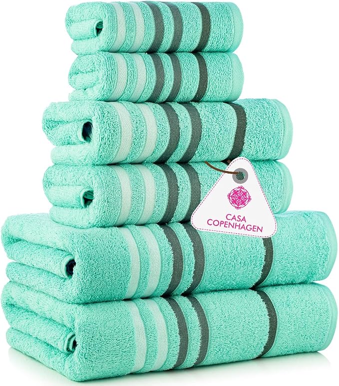 CASA COPENHAGEN 6pcs Bathroom Towel Gift Set, 550 GSM Aqua Blue | Exotic 100% Egyptian cotton,2 Bath Towel 2 Hand Towel 2 Washcloth Towels. (Gift Set for Women & Men)