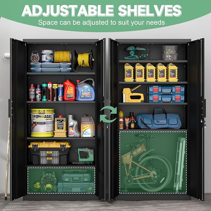 Black Storage Cabinet, Metal Garage Storage Cabinets with Adjustable Shelves, 72.05" H Heavy Duty Tall Cabinet with Locking Doors, Steel Organizer for Basement, School