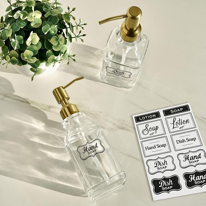 JASAI Antique Square Glass Soap Dispenser with Golden Rust Proof Pump, Refillable soap Dispenser with 10Pcs Stickers for Kitchen, Dish Soap Dispenser for Kitchen Bathroom Soap, Hand soap, Lotion. | Refillable Kitchen Soap Dispenser with Stainless Steel...