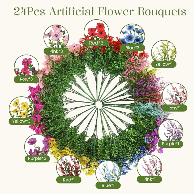 SHareconn 24 Bundles Artificial Flowers for Outdoors UV Resistant Decor | Realistic Silk Violet Lavender, UV Resistant Fake Flowers, Ideal Spring Decor for Patio Porch, Yard Planter & Home, 6 Colors
