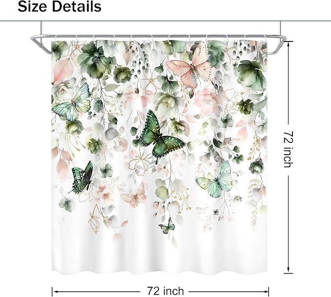 Green Pink Floral Butterfly Spring Summer Bathroom Shower Curtain Set | 72"W x 72"L Plant Natural look, waterproof HD printed shower curtain, quick-dry fabric and free hooks.