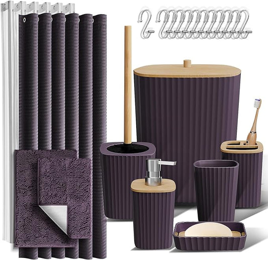 Clara Clark Purple Bathroom Set, Bathroom Sets with Shower Curtain and Rugs | 22 Piece Bathroom Accessories Set with Toothbrush Holder, Soap Dispenser, Soap Dish, Toilet Brush, and Bathroom Trash Can