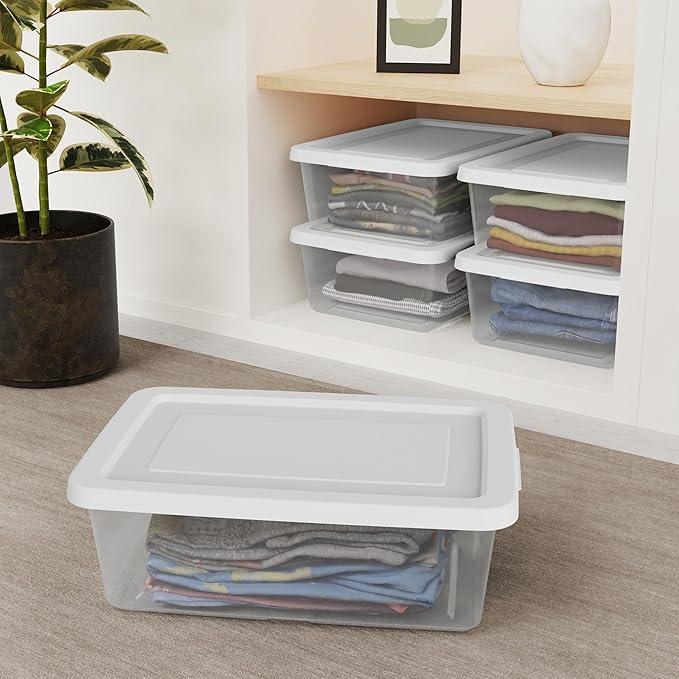 Sterilite Storage Box Stackable Tote, White, 12 Quart, 24 Pack | Clear Plastic Container with Secure Snapping Lids for Home and Office Organization