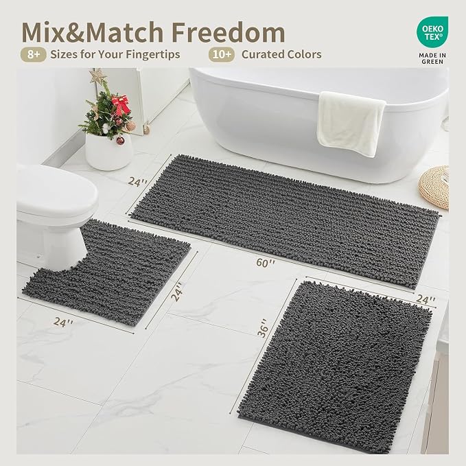 Toilet Rugs U-Shaped Mat 24x24, Contour Bathroom Mat - Ultra Soft & Absorbent Chenille, Quick-Dry, Machine Washable with Non Slip Barrier Backing, Darkgrey