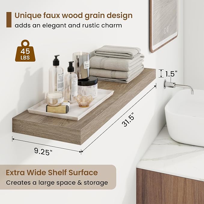 Marsmiles 9.25in Depth 32in Floating Shelves, 32x9.25x1.4, Grey, Set of 2 | Wall Mounted Engineered Wood Shelves, Invisible Brackets for Living Room, Bedroom, Bathroom, Kitchen Decor and Storage