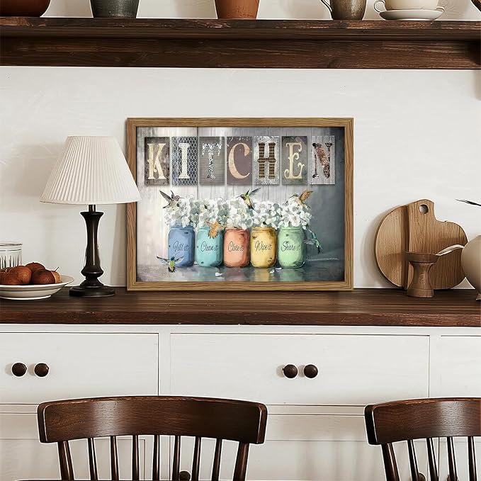 Framed Vintage Kitchen Canvas Wall Art, Retro Letter Signs with Colorful Jars, Florals and Birds Prints, Rustic Farmhouse Wood Grain Poster, Cottagecore Wall Decor for Kitchen Dining Room, 12x16in