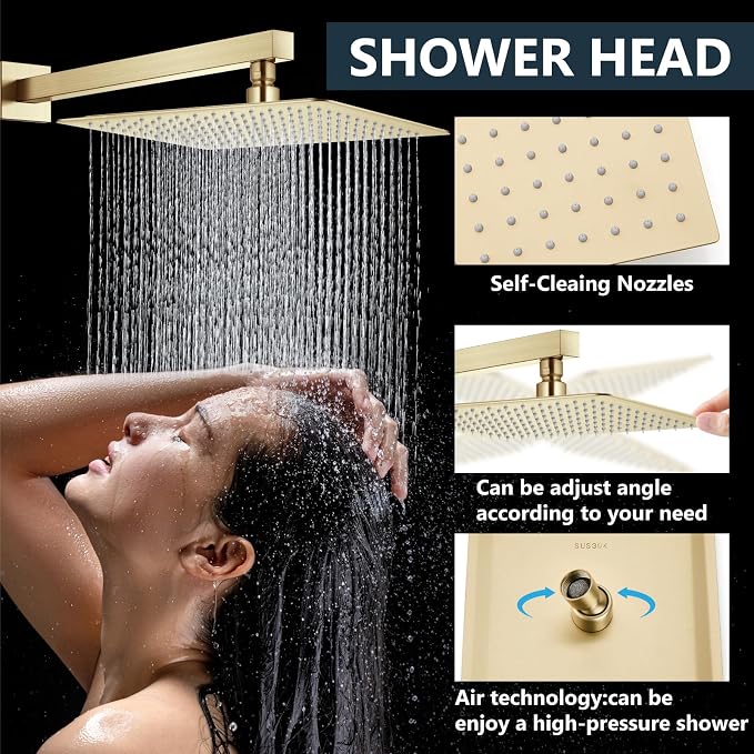 Aolemi Shower Faucet Set with Handheld Brushed Gold 16 Inch Head | Pressure Balance Shower Valve and Trim Kit,SUS304 Rain Head and Handle System,All Metal,Wall Mount,Bathroom,Handheld Spray