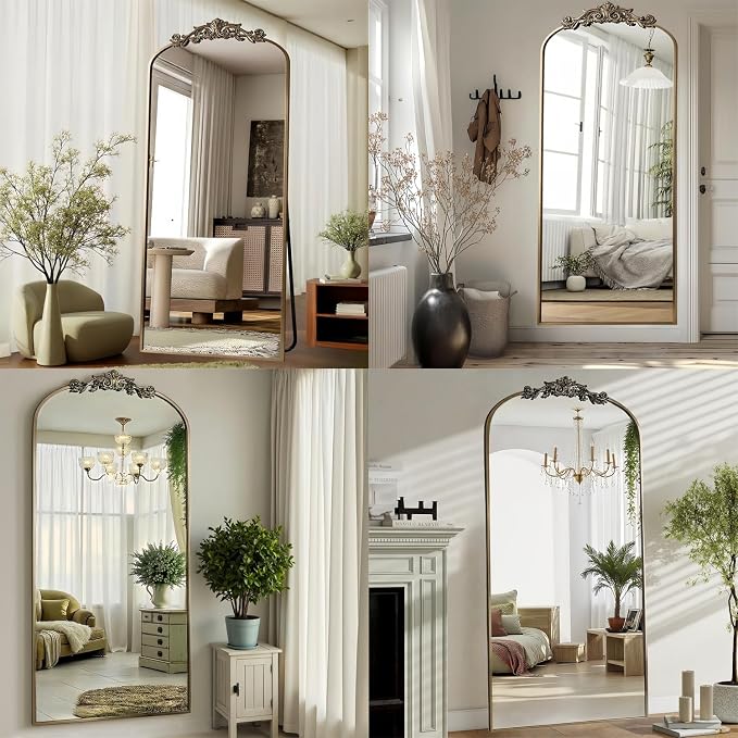 Dewfig Arched Full Length Mirror, 71"x32" Floor Mirror with Carved, Bronze | Antique Full Body Mirror, HD Shatterproof Tempered Glass, Lean/Stand/Wall for Bedroom, Living Room, Cloakroom, Home Decor