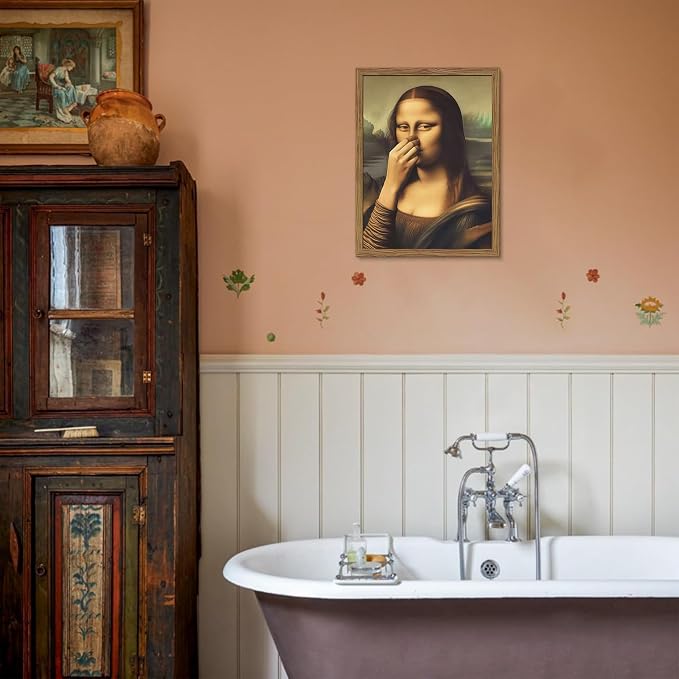 Framed Funny Mona Lisa Bathroom Wall Art, Mona Lisa Holding Her Nose Picture Wall Decor, Vintage Whimsical Canvas Artwork Poster Print for Restroom Toilet Bathroom 16x24 Inch Framed