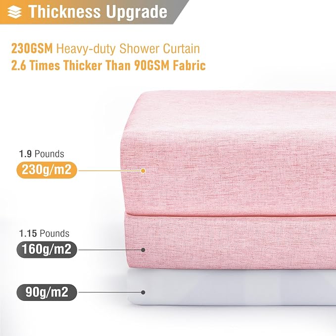 72x78 Linen Textured Waterproof Thick Fabric Shower Curtain Set, Pink | Long Size, 230GSM Polyester, Heavy Duty Cloth, Weighted Hem, 12 Plastic Hooks, Modern Luxury Hotel Style, Machine Washable