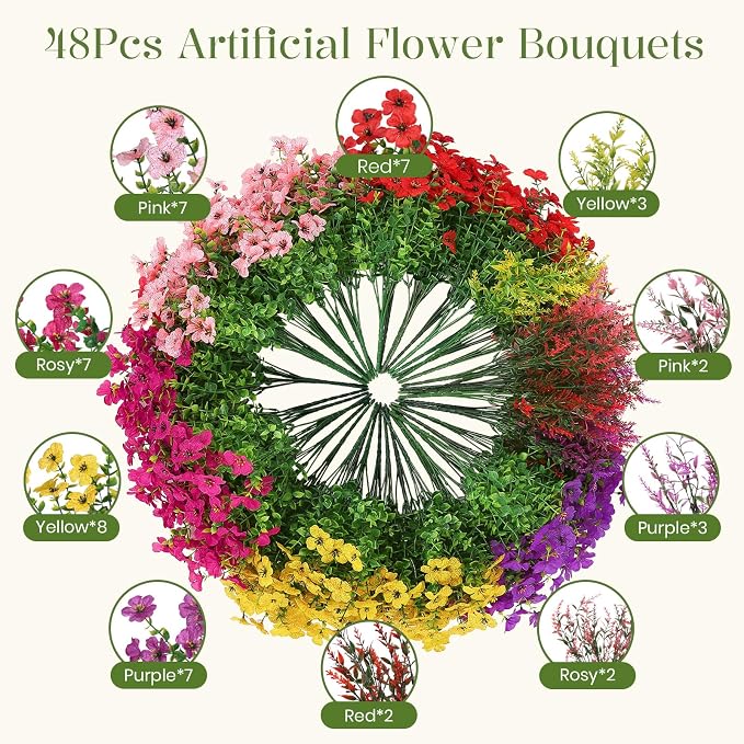 SHareconn 48 Bundles Artificial Flowers for Outdoors UV Resistant Decor | Realistic Silk Violet Lavender, UV Resistant Fake Flowers, Ideal Spring Decor for Patio Porch, Yard Planter & Home, 5 Colors
