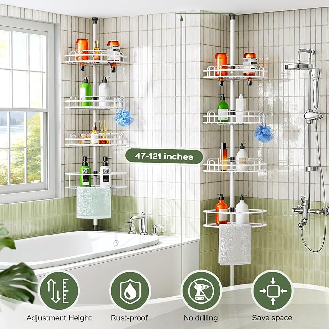 HAMITOR Rustproof Bathtub Corner Shelf, 4-Tier Shower Caddy Tension Pole | Adjustable Bathroom Organizer For Shampoo, Accessories, Storage, No-Drill Quick Install, Space-Saving 47.7-123.6 Inch, White
