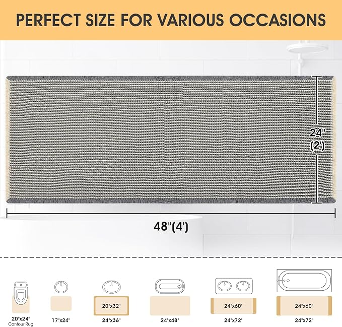 Waffle Bath Mat Grey & Beige 4'x2', Boho Woven Modern Bath Mat Rugs, Absorbent Non Slip Bathroom Rugs, Soft Washable Bath Rugs with Tassels for Bathroom, Bedroom, Kitchen, Shower, Tub