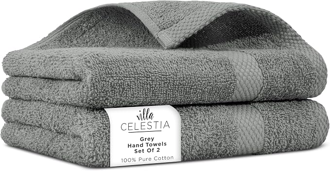 Villa Celestia Cotton Hand Towels Set of 2, 16 x 28, Oeko-TEX Certified, Quick Dry, Grey