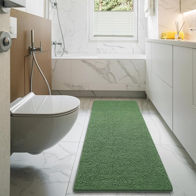 LOCHAS Luxury Bathroom Rug Shaggy Bath Mat 24 x 60 Inch, Green | Washable Non Slip Bath Rugs for Bathroom Shower, Soft Plush Chenille Absorbent Carpets