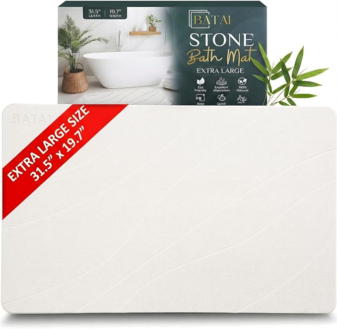 Extra Large Diatomaceous Earth Stone Bath Mat (31.5” x 19.7”) Beige XL | Fast Absorbent Shower Stone Bath Mat For Bathroom - Quick Dry, Easy Clean and Non-Slip Mat - Instant Drying Diatomite Bathmat