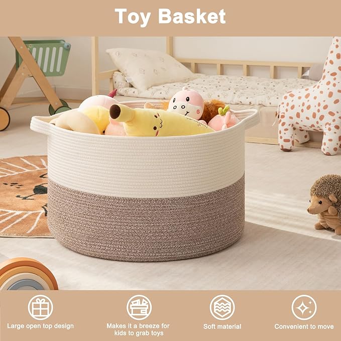 OIAHOMY Large Blanket Basket for Living Room, 19.7" x 12.6" Woven Cotton Rope Laundry Basket for Organizing Pillows, Decorative Stuffed Animal Toy Storage for Nursery, White and Linen Brown