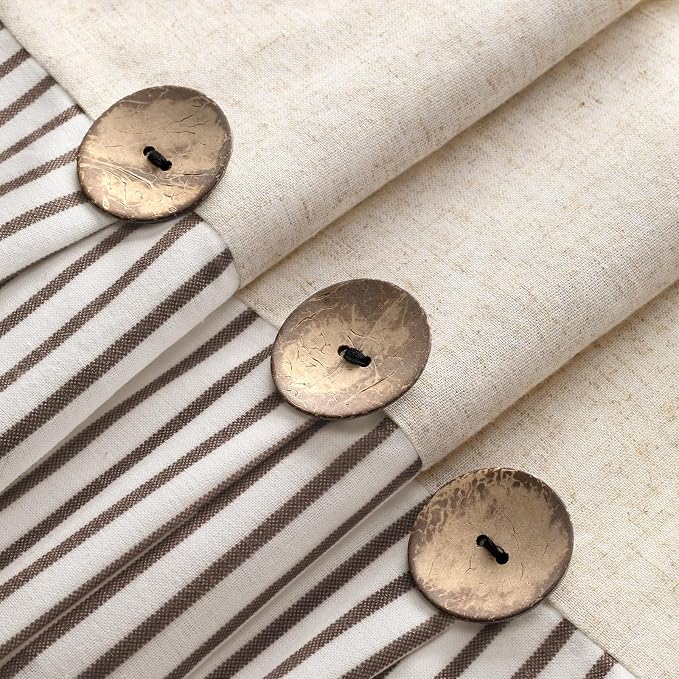 Farmhouse Shower Curtain Linen Beige Button Brown Stripe 72"W x 75"L | Farmhouse Style, Chic Button, Striped, Linen Fabric, Rustic, Country, Natural Look, Washable, for Bathroom Bathtub