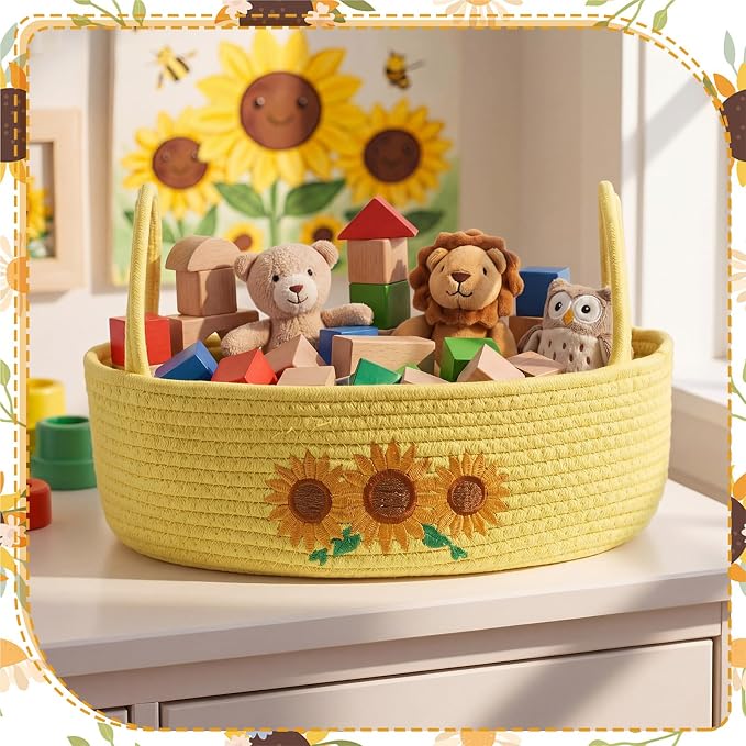 Vesici Sunflower Basket Yellow Woven Cotton Rope Bathroom Organizer | Boho Decor for Toilet Tank Top, Nursery Toys, Bedroom Countertop, Woven Organizer with Handles, 13x6x4 Inch