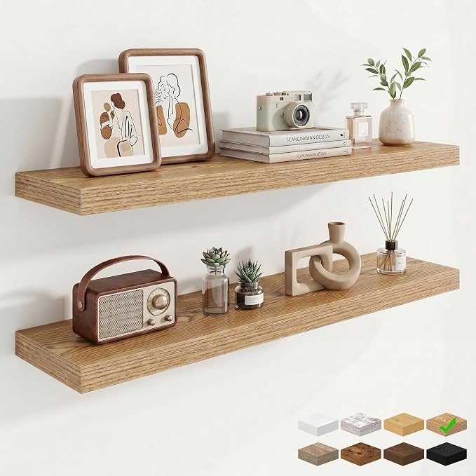 9.25in Depth 40in Floating Shelves, 40x9.25x1.4, Light Brown, Set of 2 | Wall Mounted Engineered Wood Shelves, Invisible Brackets for Living Room, Bedroom, Bathroom, Kitchen Decor and Storage