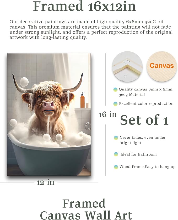 UPWOIGH Highland Cow Bathroom Wall Art, 12 x 16 Inch Wrapped Canvas | Playful Bathtub Scene with Bubbles, Warm Farm Animal Decor for Guest Bath, Powder Room, Restroom or Small Wall Space