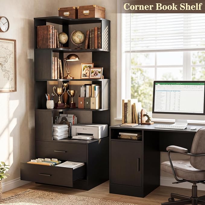 Corner Book Shelf with Drawers, Small Corner Shelf with Drawers | L Shaped BookShelf 6-tier Bookcase for Bedroom Storage, Living Room, Home Office, Kitchen Pantry, Black