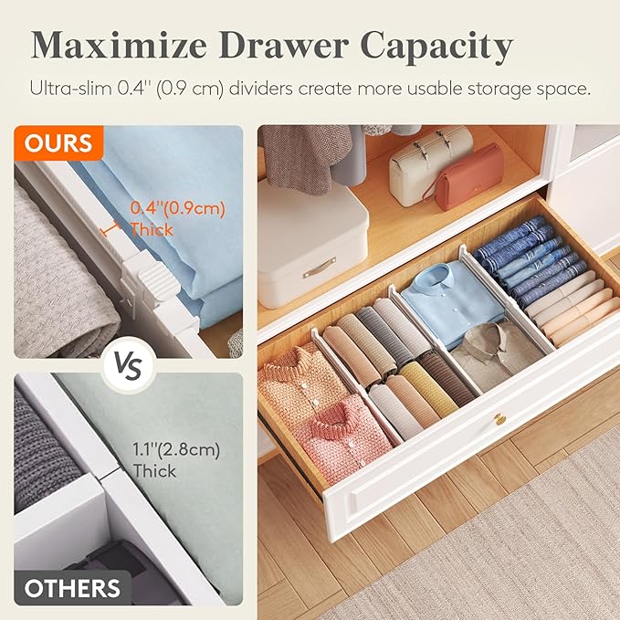 Lifewit 5" Tall Drawer Dividers, Adjustable Deep Drawer Organizer Clothes | 5 Pack 11.5"-18.5" Expandable White Plastic Separators for Dresser, Kitchen, Cabinet, Closet, Office Organization & Storage