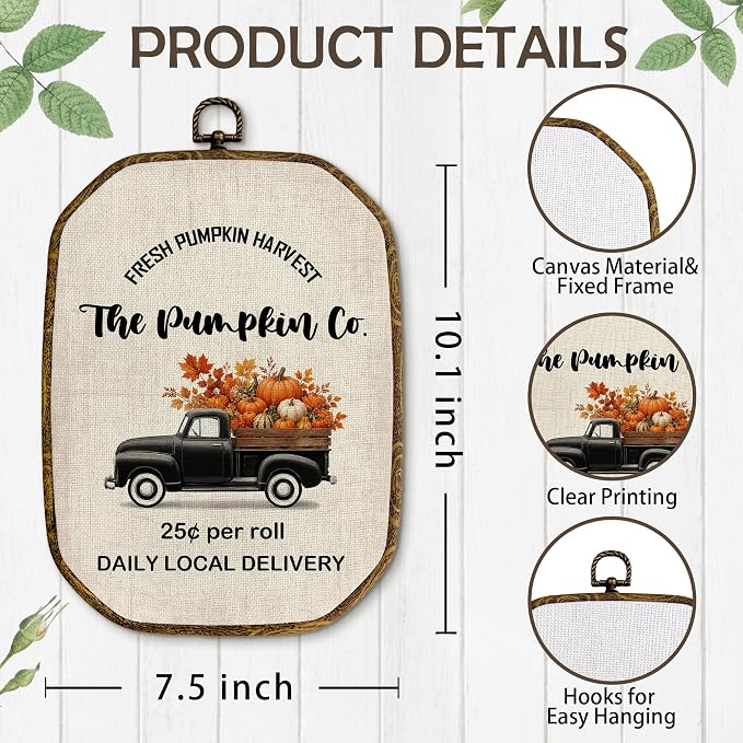 Yjeslw Fall Pumpkin Truck Bathroom Octagon Wall Art Decor, 10.2x7 Inch | Pumpkins Autumn Leaves Framed Canvas Prints, Rustic Cottagecore Wall Hanging Decorations for Bath Room Washroom Toilet Decor