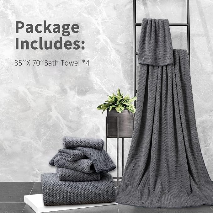 Extra Large Bath Towel Set of 4 (35"x70"),Oversized Bath Sheet Super Soft Highly Absorbent Jumbo Bathroom Towel Set Microfibers Quick Dry Shower Towel for Hotel,Bathroom,Guest,Spa,Gym (Dark Gray)