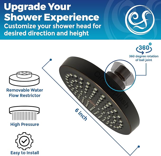 Shower Head - High Pressure 2.5 GPM - Oil Rubbed Bronze | Anti-clog silicone nozzles, removable restrictor, easy-clean fixed replacement