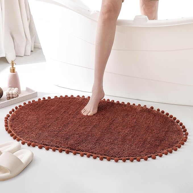 YIRDDEO Oval Rug for Bathroom, Boho Bath Mat with Pom, Terracotta, 36"x24" | Soft Plush, Absorbent, Quick Dry, Machine Washable, Non Slip Bath Mat for Bathroom Shower Floor Home Decor