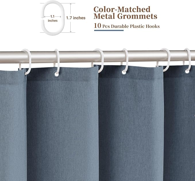 54x78 Boho Scalloped Linen Textured Cloth Shower Curtain, Blue Grey | Narrow Long Size, 230GSM Waterproof Polyester, Heavy Duty Fabric, 10 Plastic Hooks, Elegant Farmhouse Style, Machine Washable