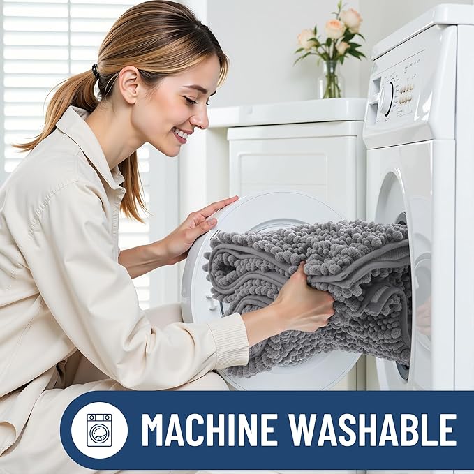 Smiry Bathroom Rugs 30X18, Extra Soft Rubber Backing Chenille Bath Mats | Grey Machine Washable Non Slip Quick Dry Bath Mats for Bathroom Floor, Tub, Shower, Home Decor Accessories