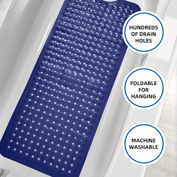 MOONFLY Shower and Bathtub Mat, 40x16 Inches, Navy Blue | Extra Long Non Slip Mats with Suction Cups,Drain Holes, Machine Washable ,Anti Slip Bathmats, Bathroom Mats for Tub Nonslip