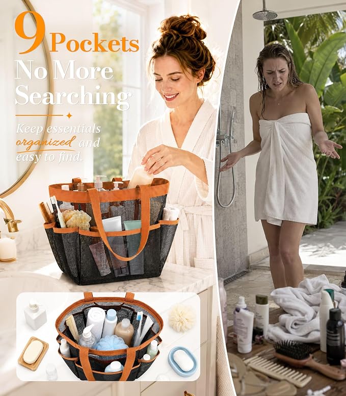 Mesh Shower Caddy for College Dorm Essentials, Large 9-Pocket Shower Basket | Quick Drain;Stays Upright;600D Oxford;Easy Carry;Multi-Use