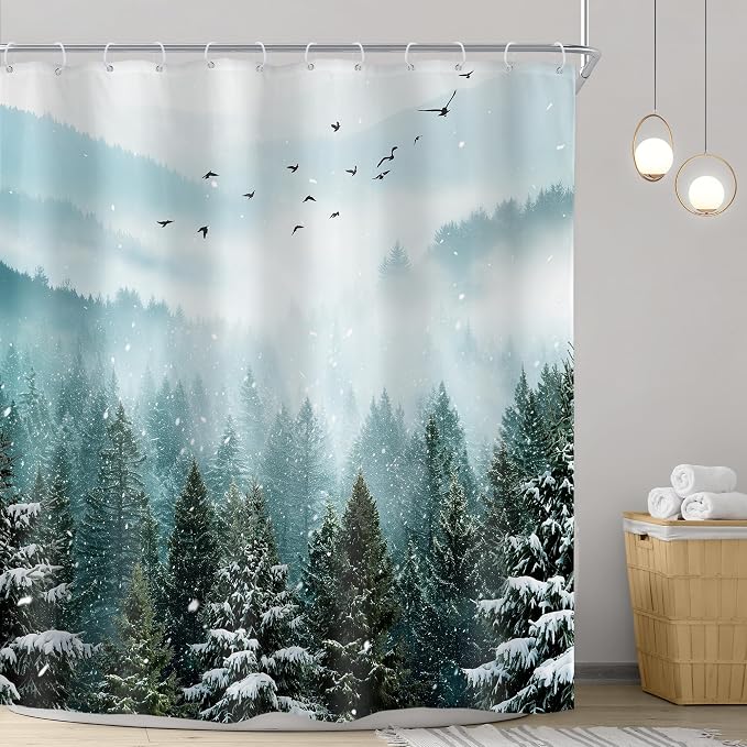 Green Mountain Winter Snowy Rustic Sage Bathroom Shower Curtain Set | 72"W x 72"L shower curtain， Scenery Misty: HD waterproof print, quick-dry cloth, free hooks for easy installation.