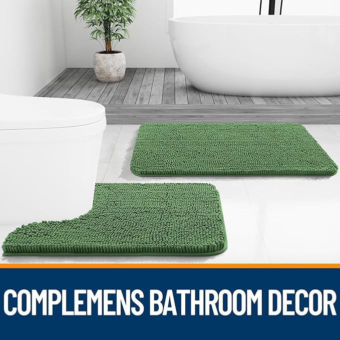 OLANLY Toilet Rugs U-Shaped 24x24, Soft Absorbent Chenille Contour Rugs | Olive Green, Quick-Drying Rubber Backing, Machine Washable Non-Slip Shaggy Bathroom Mat for Toilet, Home Decor Accessories