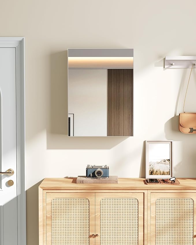 Bathroom Medicine Mirror Cabinet, 17.7'' x 23.6'', Wall-Mounted Bathroom Vanity with Mirror, Bathroom Medicine Cabinet with Storage Function, Hanging Storage Cabinet, Adjustable Shelves, White