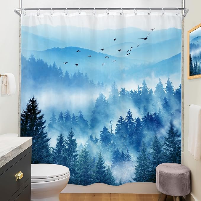 Navy Blue Mountain Nature Woodland Scenery Bathroom Shower Curtain Set | 72"W x 72"L shower curtain， Park Scene: HD waterproof print, quick-dry cloth, free hooks for easy installation.