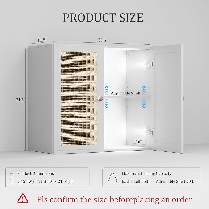 Wall Cabinet Storage-Rattan Laundry Cabinet,Kitchen Wall Mounted Cabinet with Adjustable Shelves for Laundry Room, Kitchen,Dining Room,Bathroom 24INCH X 1PCS