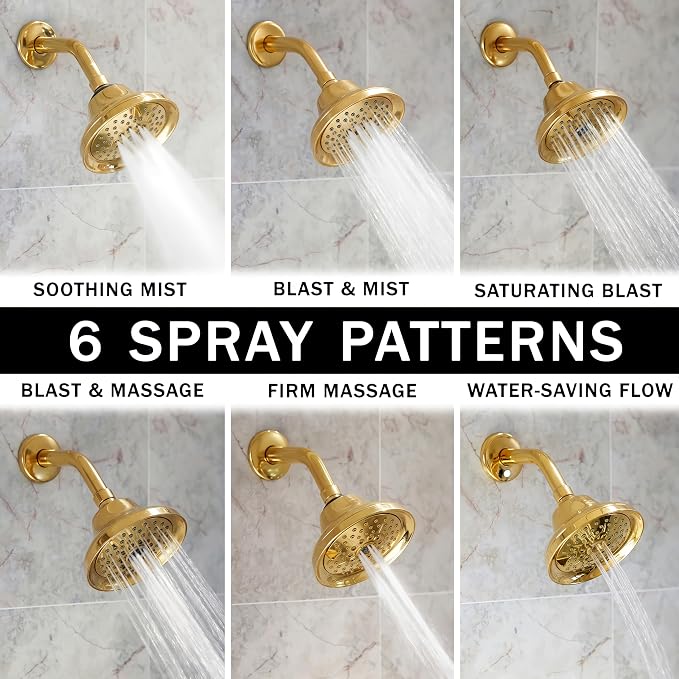 Massage Shower Head With Mist - 2.5 GPM - Polished Brass | High Pressure Boosting, 6 Function Adjustable Massaging Rainfall Showerhead For Low Flow Baths With Water Saving Nozzles