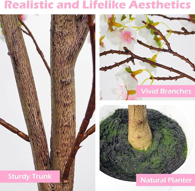 Caxchiling Artificial Pink Cherry Blossom Tree 6FT, Faux Tree Indoor | Realistic Blossoms with Elegant White Planter, Perfect for Home Office Wedding Party Hotel Entryway Spring Decoration