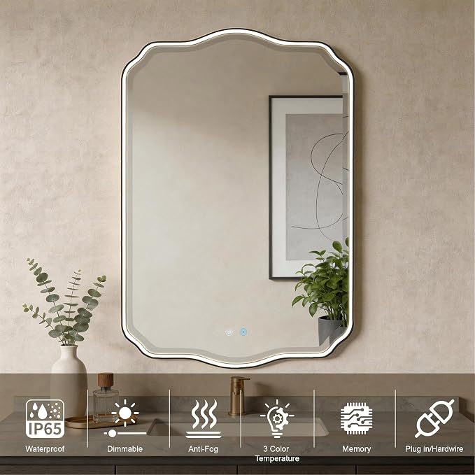 POZINO 36"x24" Scalloped LED Bathroom Mirror with Lights, Black Metal Frame | Beveled Edge, 3 Color Dimmable, Anti-Fog, Memory Function, IP65 Waterproof, Smart Bathroom Vanity Mirror with Front Lights